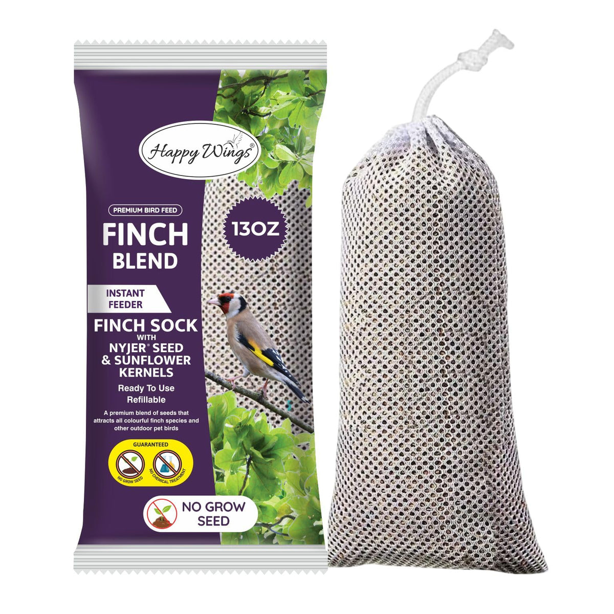 Happy Wings Finch Blend pref-filled sock attracts small songbirds with mess-free feeding