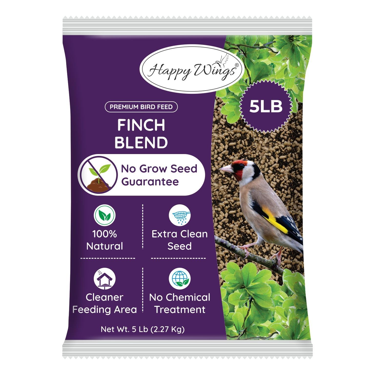 Happy Wings Finch Blend seed bag ready for backyard feeding, inviting diverse birds