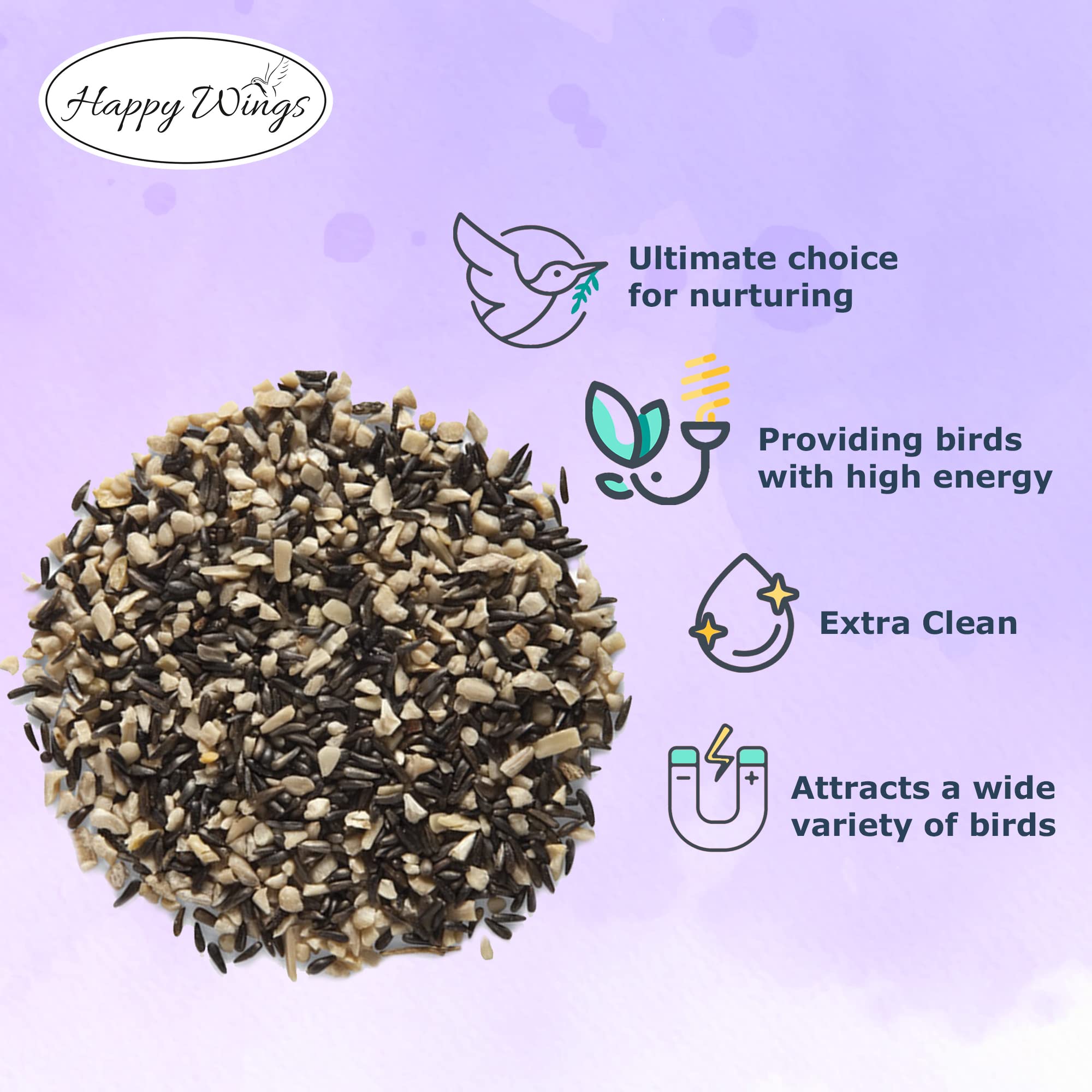 Happy Wings Finch Blend seeds close-up reveal sunflowers and Nyjer for variety
