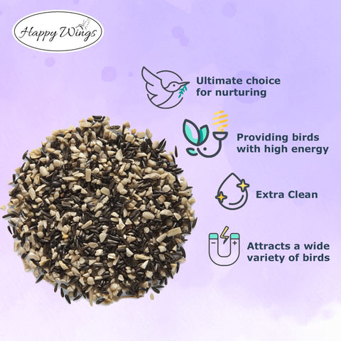 Happy Wings Finch Blend seeds close-up reveal sunflowers and Nyjer for variety