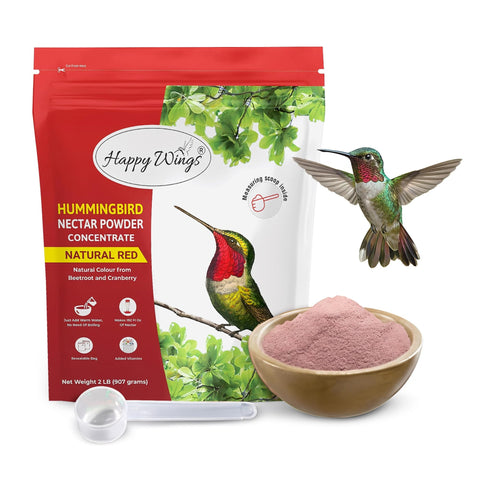 Happy Wings hummingbird food powder bag front with easy pour design for quick nectar