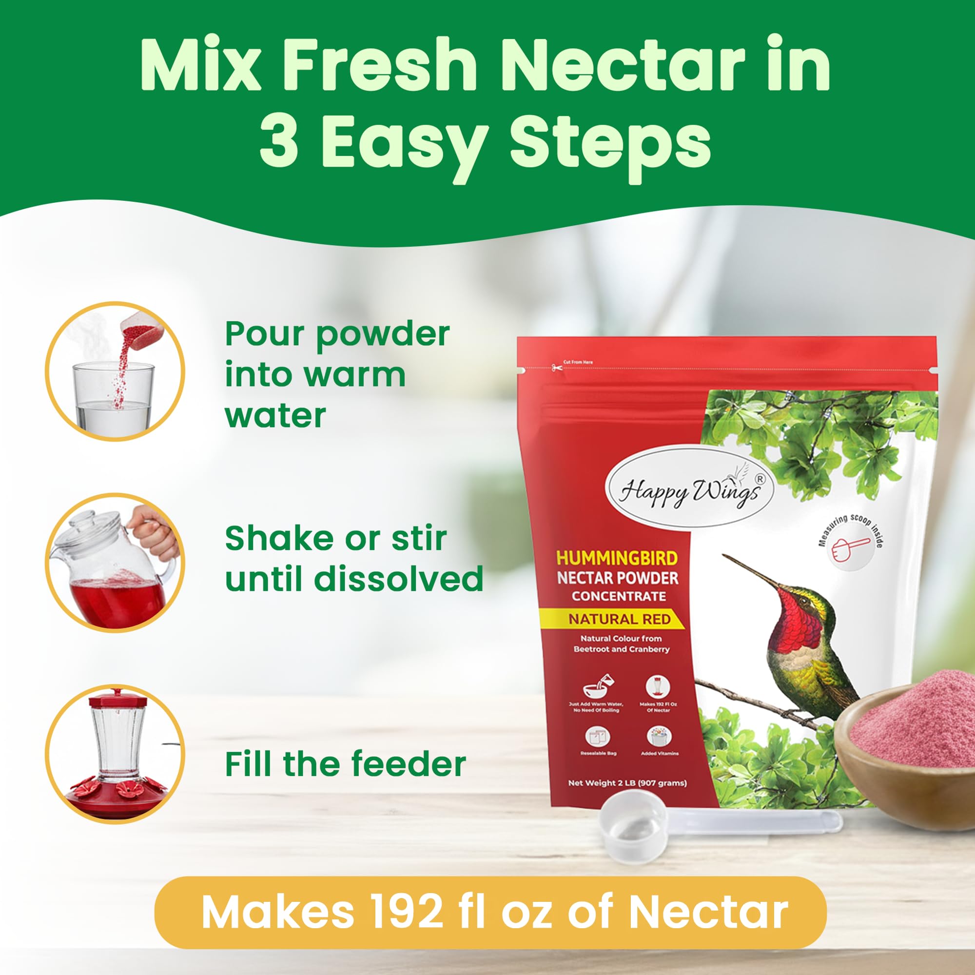 Happy Wings nectar mix being stirred with water to create fresh hummingbird nectar