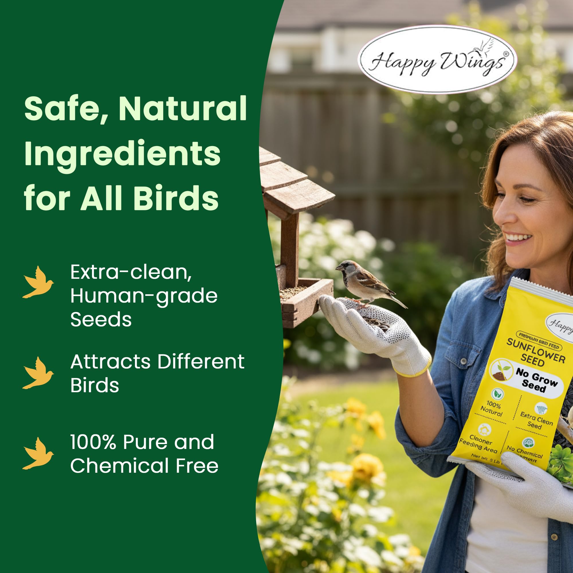 Happy Wings no-grow seed; prevents sprouts under feeders.