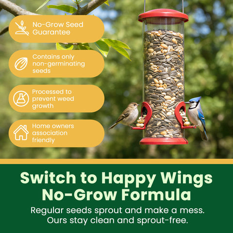 Happy Wings No Grow seed 5lb outdoors at feeders attracts diverse backyard birds.