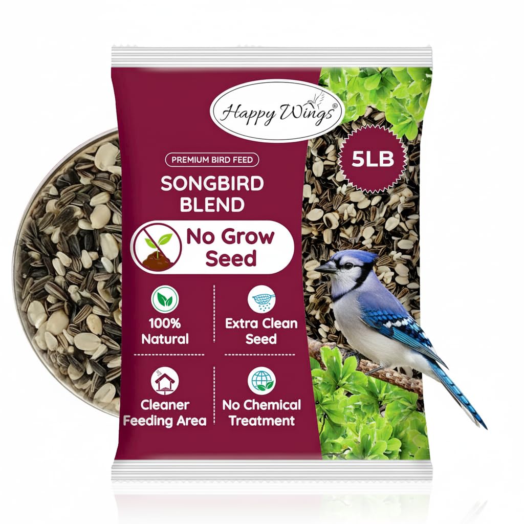 Happy Wings No Grow seed 5lb pack for tidy outdoor feeding of songbirds.