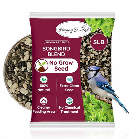 Happy Wings No Grow seed 5lb pack for tidy outdoor feeding of songbirds.
