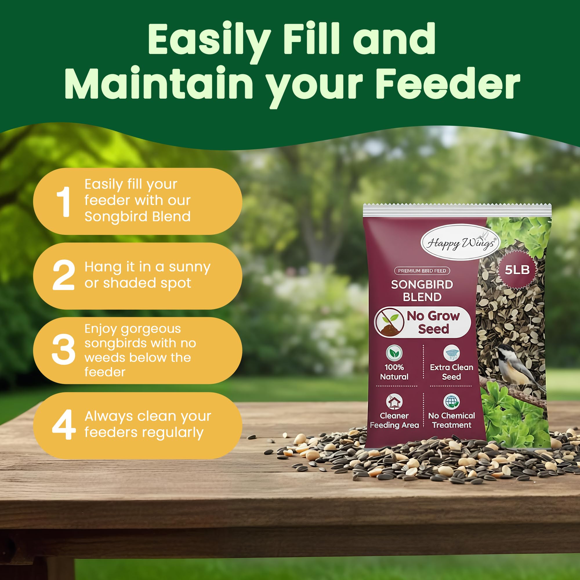 Happy Wings no-mess seed formula reduces spilled seed under feeders.