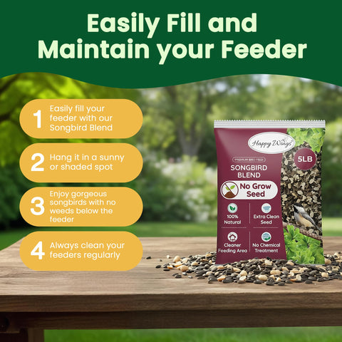 Happy Wings no-mess seed formula reduces spilled seed under feeders.