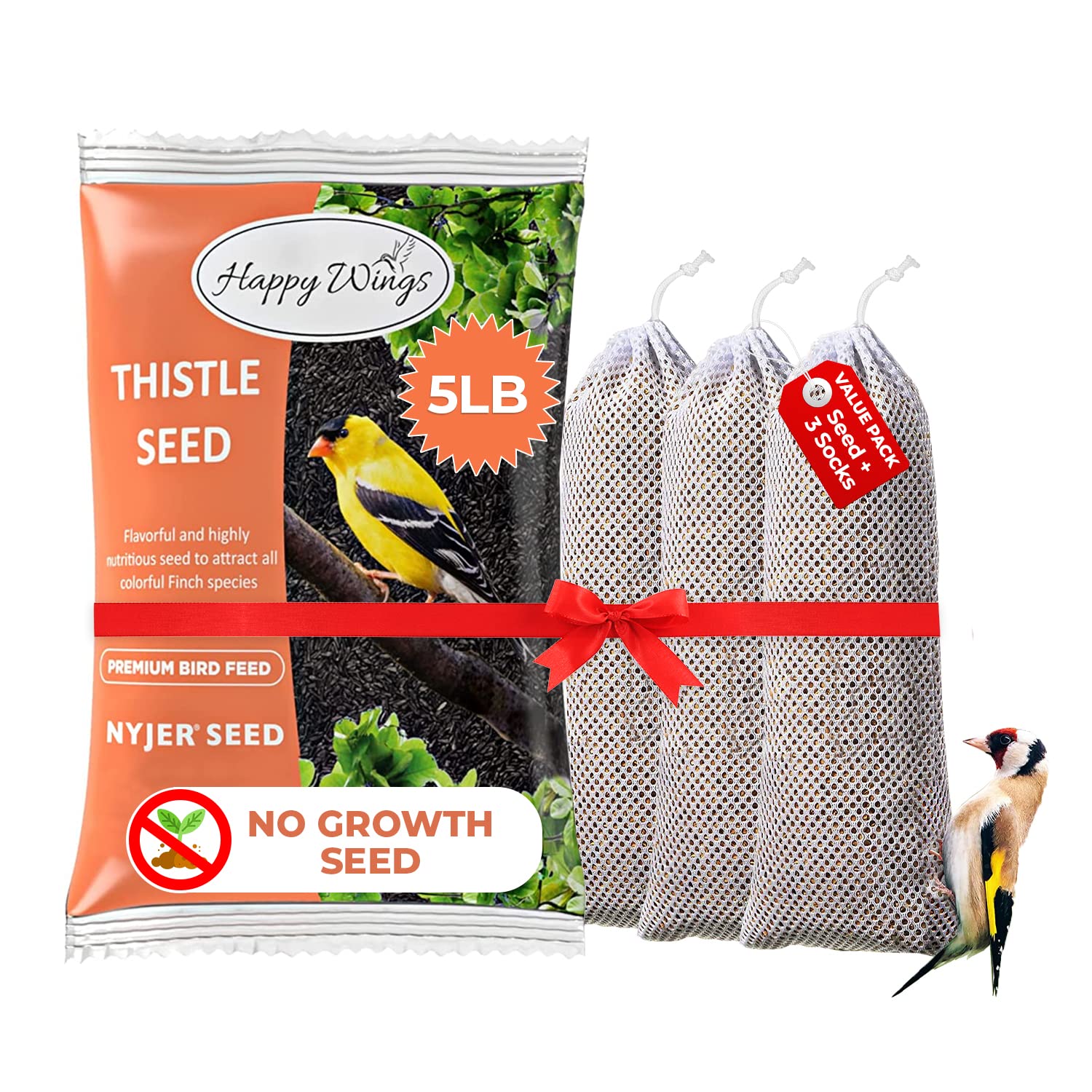 Happy Wings nyjer seed bag shows heat treated no grow seed for year-round feeding