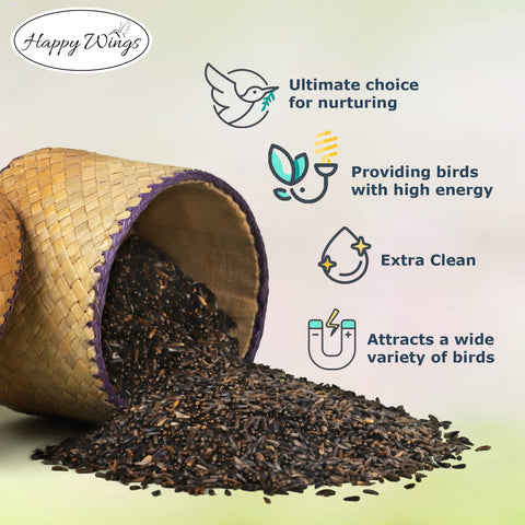 Happy Wings Nyjer seeds no-grow formula helps keep outdoor spaces clean.