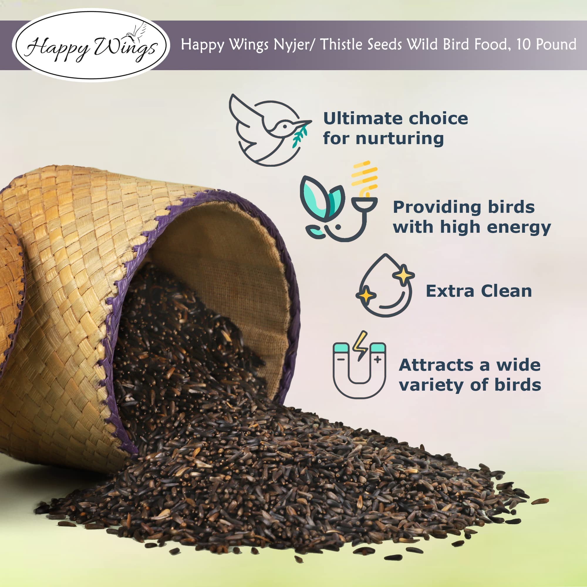 Happy Wings Nyjer seeds highlight 150,000 seeds per pound for long-lasting feeding.