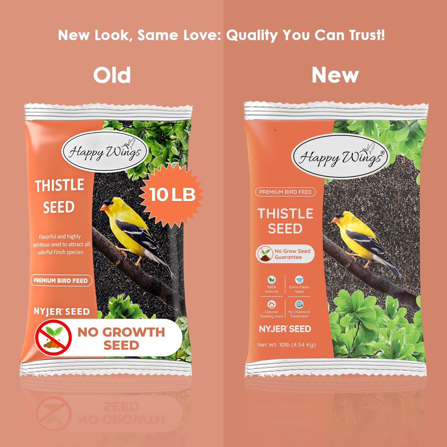 Happy Wings Nyjer seeds shown with durable mesh socks for reusable bird feeding.