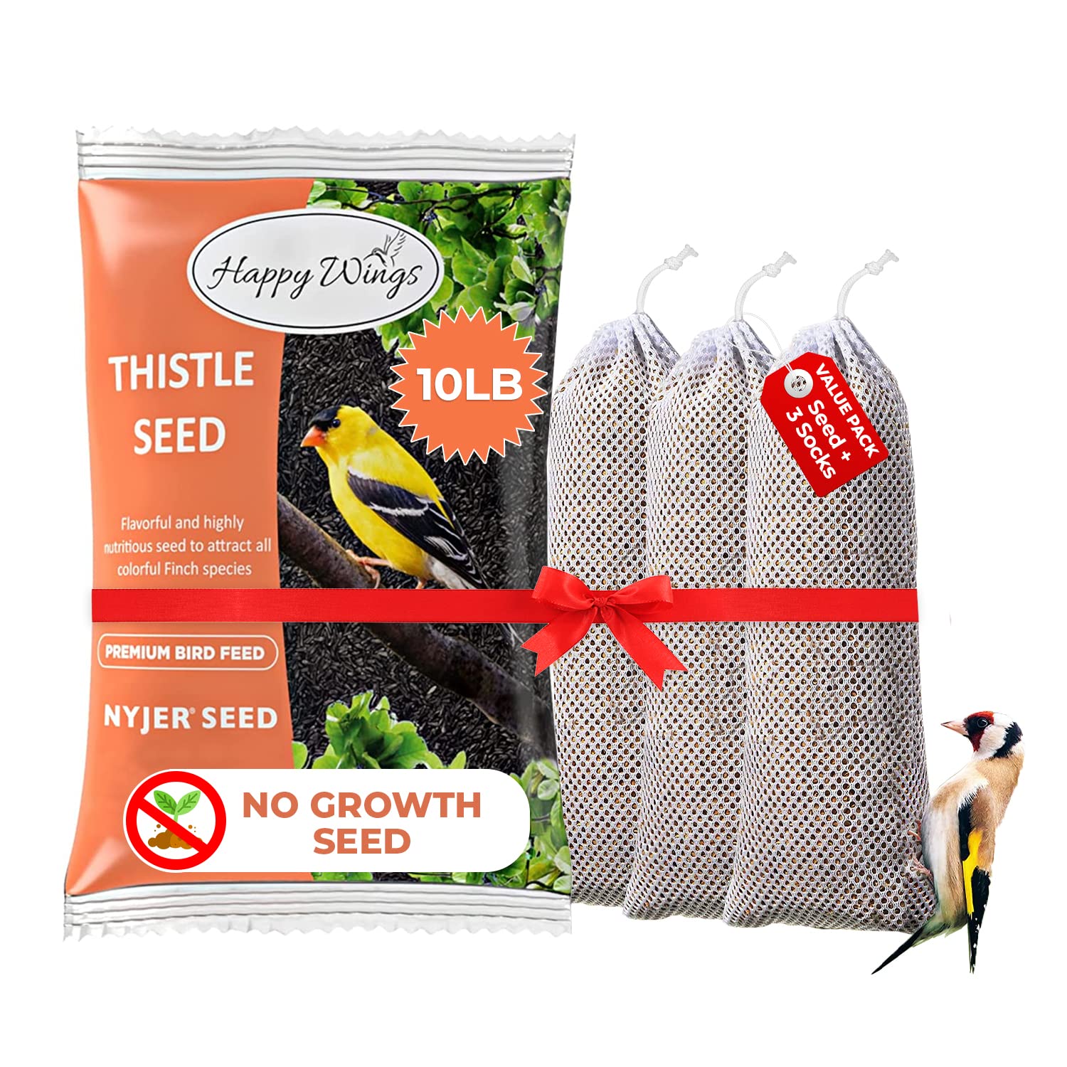 Happy Wings Nyjer seeds in an empty sock pack for three feeding stations.