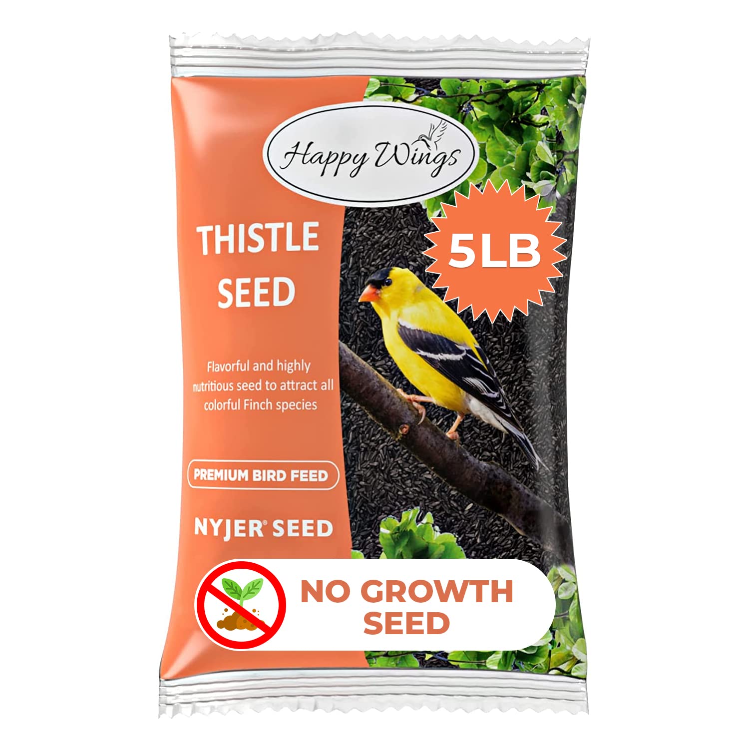 Happy Wings Nyjer seeds in a tube feeder, ideal for finches and goldfinches.