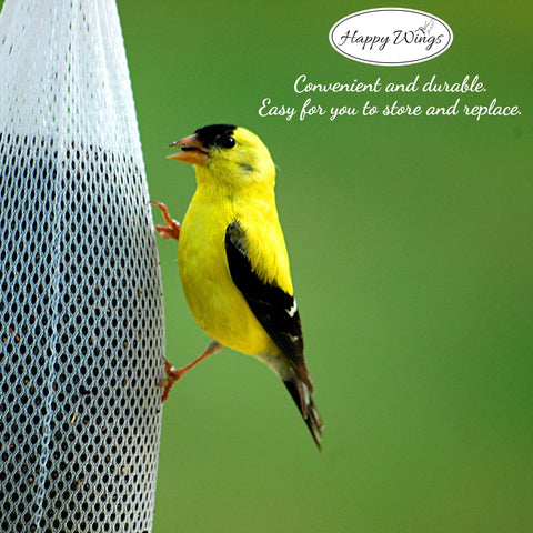 Happy Wings Nyjer Sock Feeder easy-fill-cap highlights quick refills and less mess.