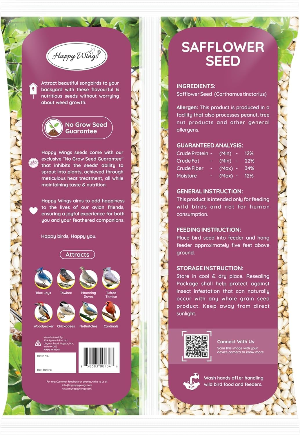 Happy Wings safflower seeds no-grow label close-up, heat treated.