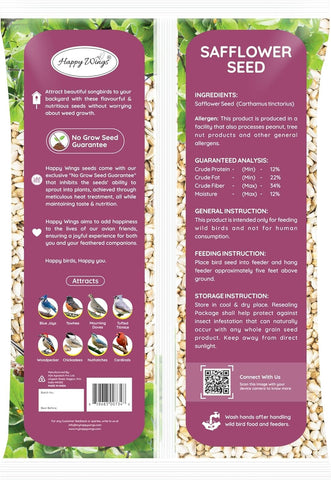 Happy Wings safflower seeds no-grow label close-up, heat treated.