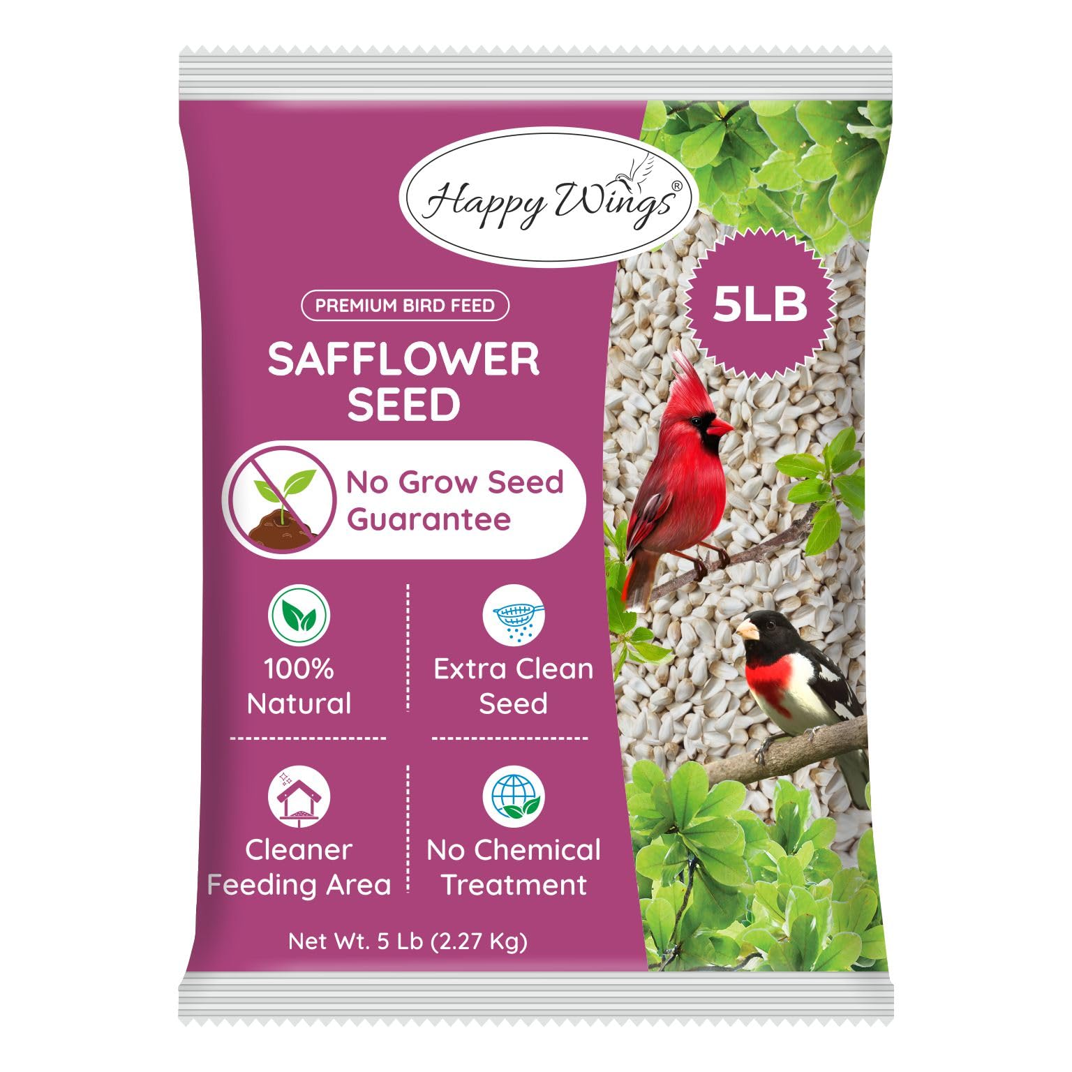 Happy Wings safflower seeds pack for year-round bird feeding with protein-rich nutrition