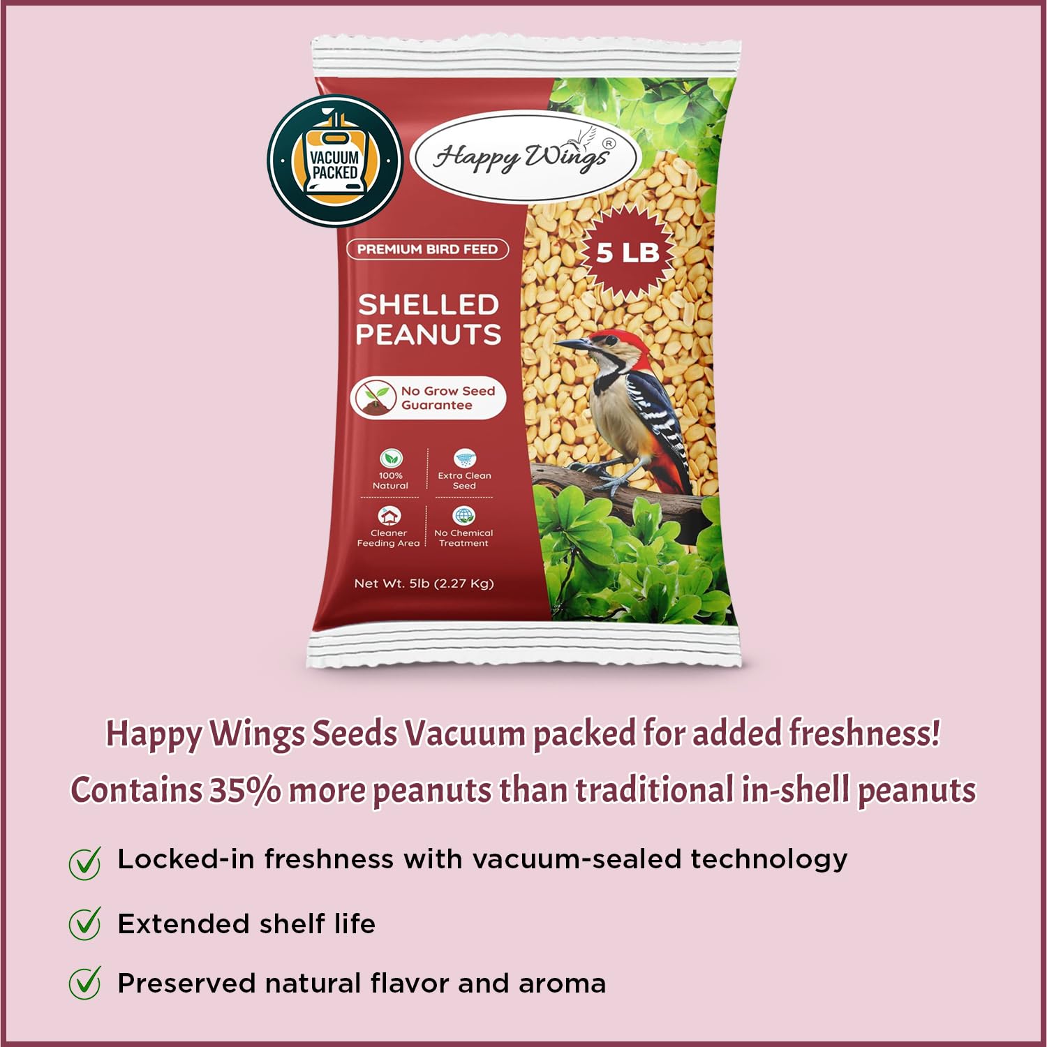 Happy Wings shelled peanuts close-up, shell-free for mess-free bird feeding