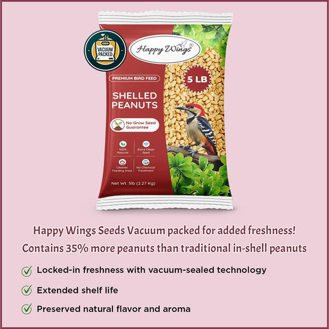 Happy Wings shelled peanuts close-up, shell-free for mess-free bird feeding