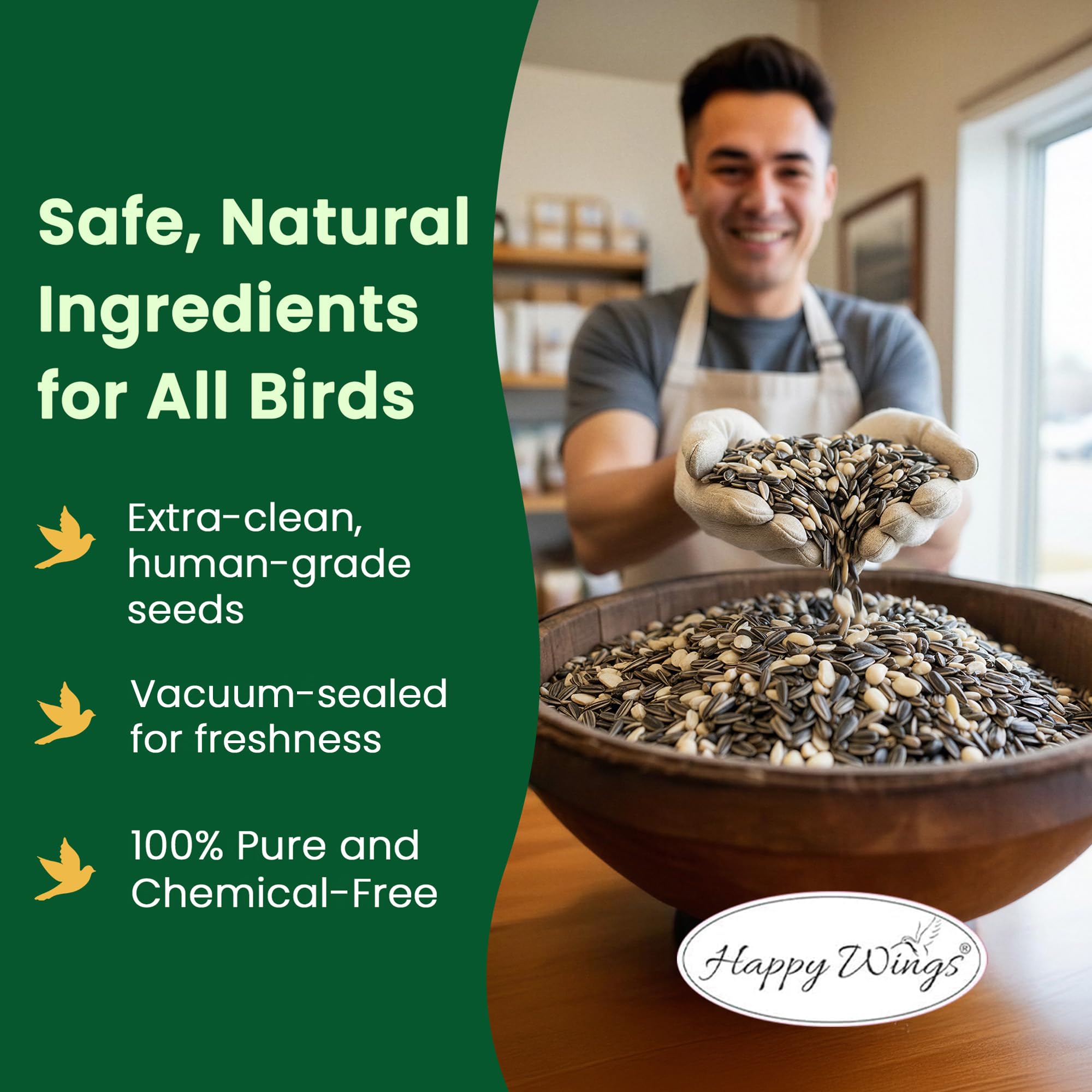 Happy Wings songbird seed blend with sunflower and peanuts nourishes active birds.