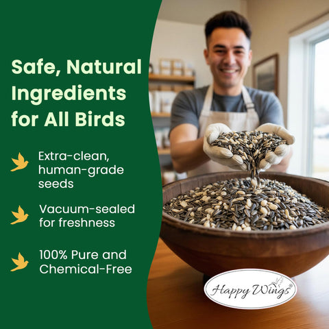 Happy Wings songbird seed blend with sunflower and peanuts nourishes active birds.