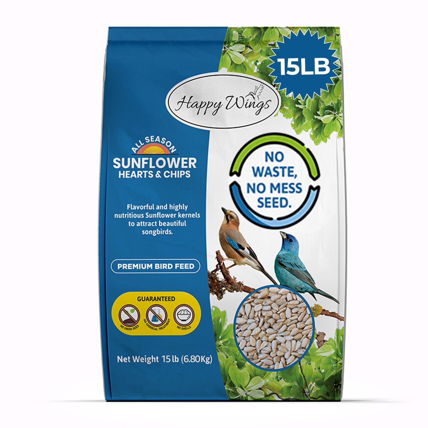 Happy Wings Sunflower Hearts & Chips bag poured for year-round birds.