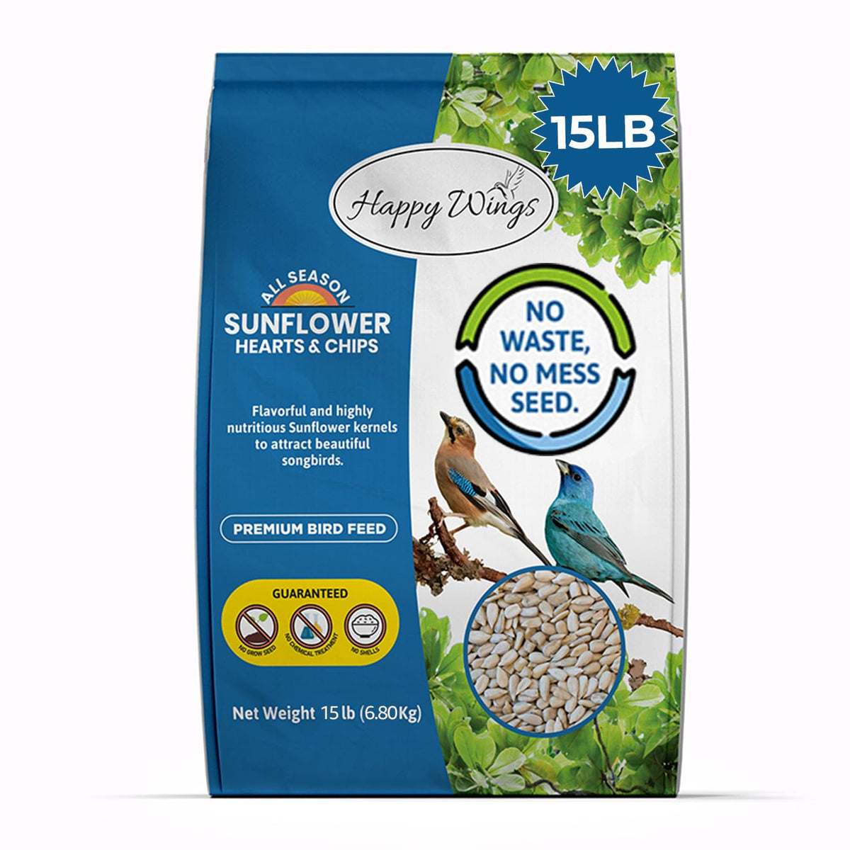 Happy Wings Sunflower Hearts & Chips bag poured for year-round birds.