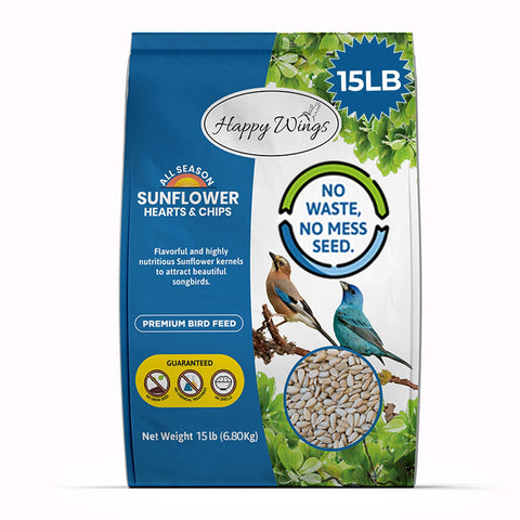 Happy Wings Sunflower Hearts & Chips bag poured for year-round birds.