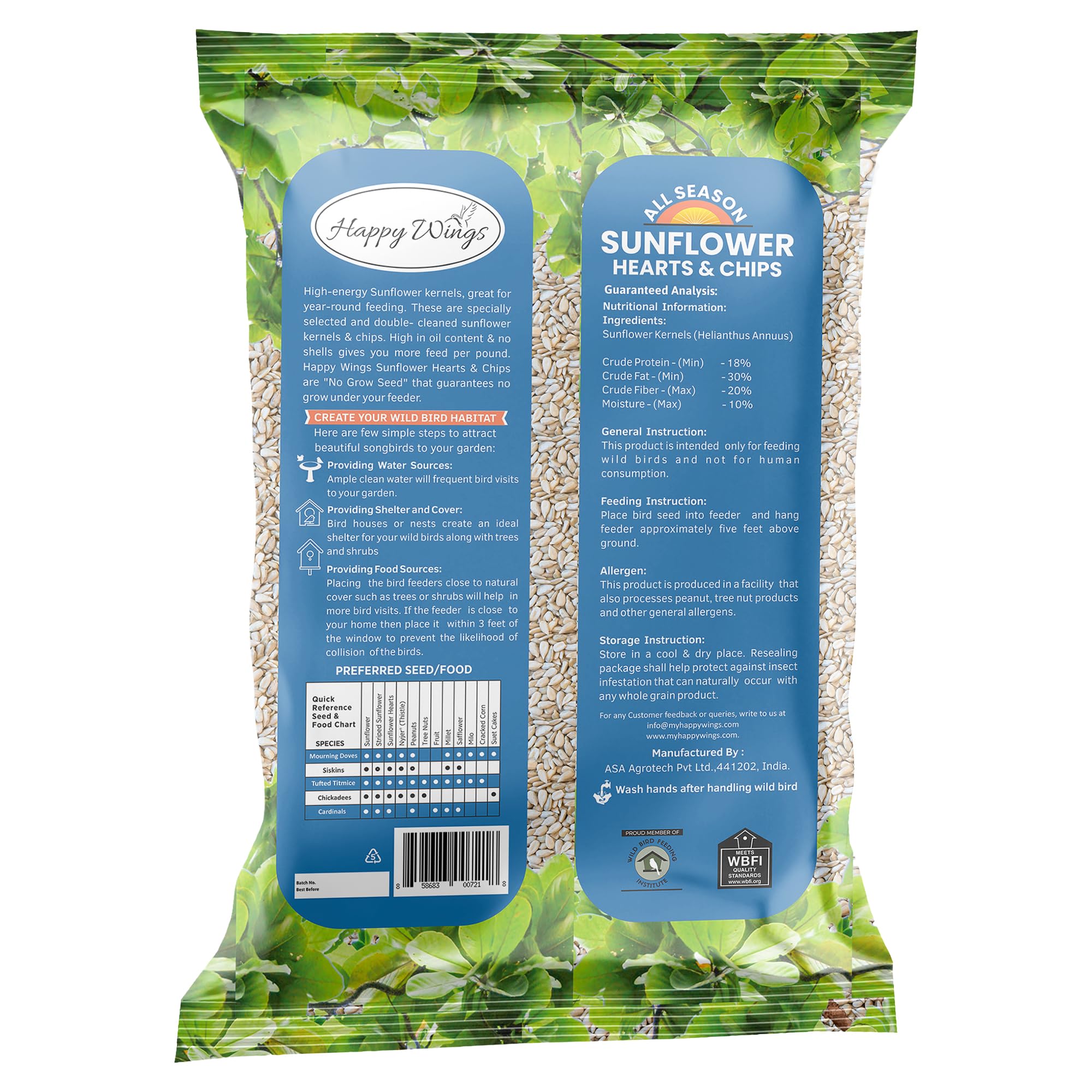 Happy Wings Sunflower Hearts provide husk-free seeds for a clean, no-mess feeding.