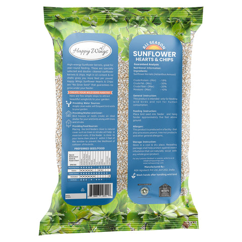 Happy Wings Sunflower Hearts provide husk-free seeds for a clean, no-mess feeding.