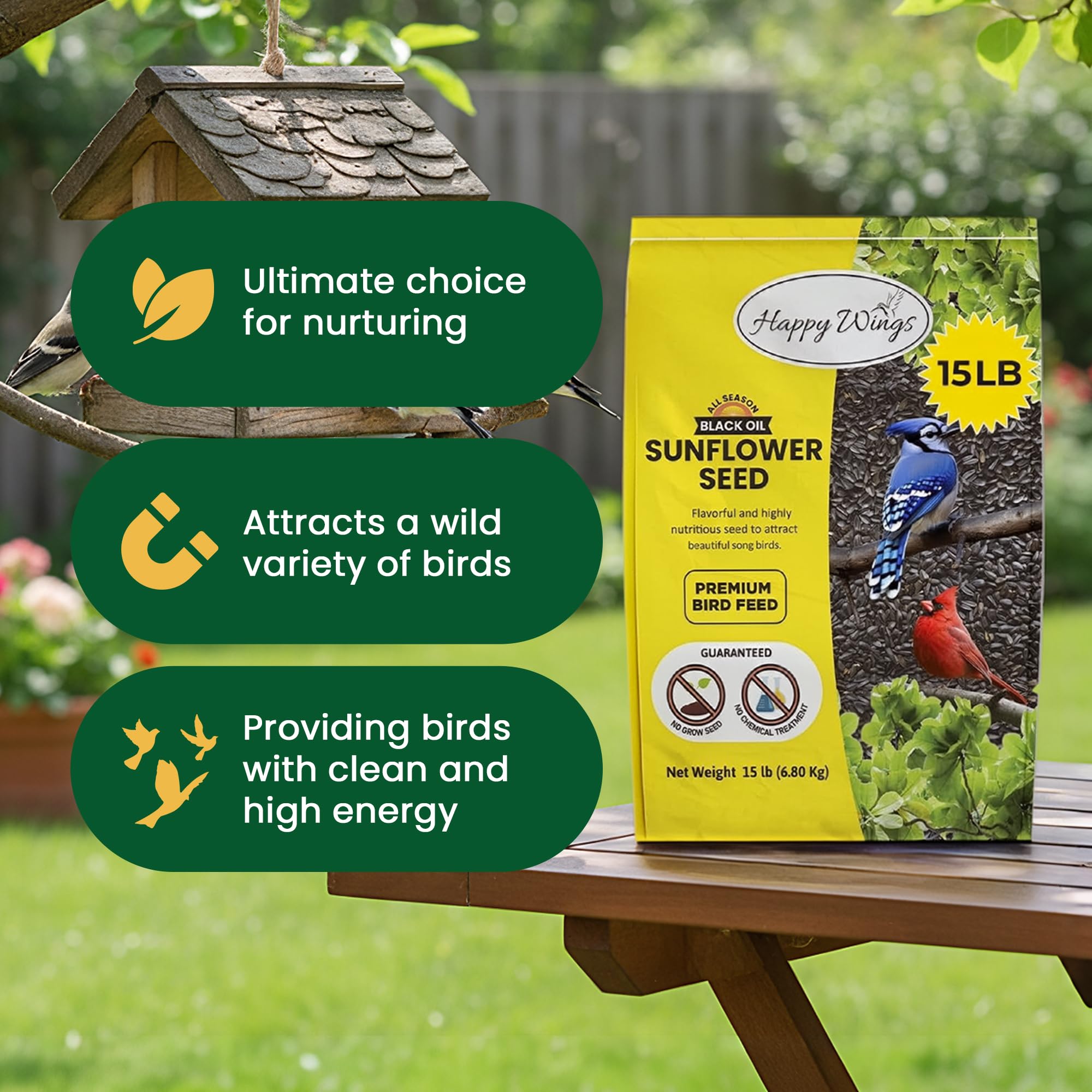 Happy Wings seeds dispensing into a feeder to attract songbirds.