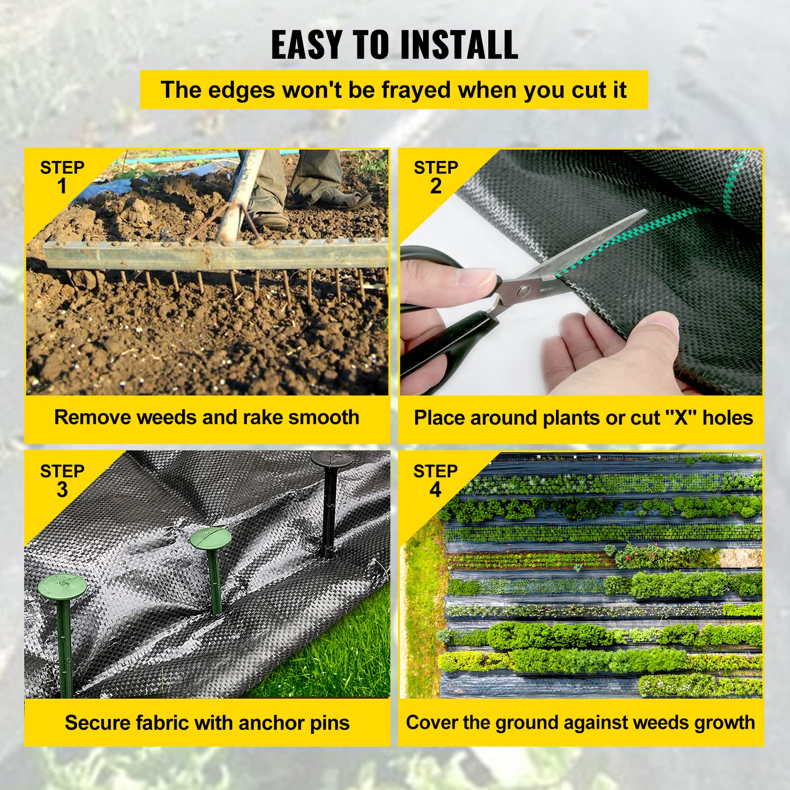 Happybuy black weed barrier fabric provides shading to suppress light weed growth.