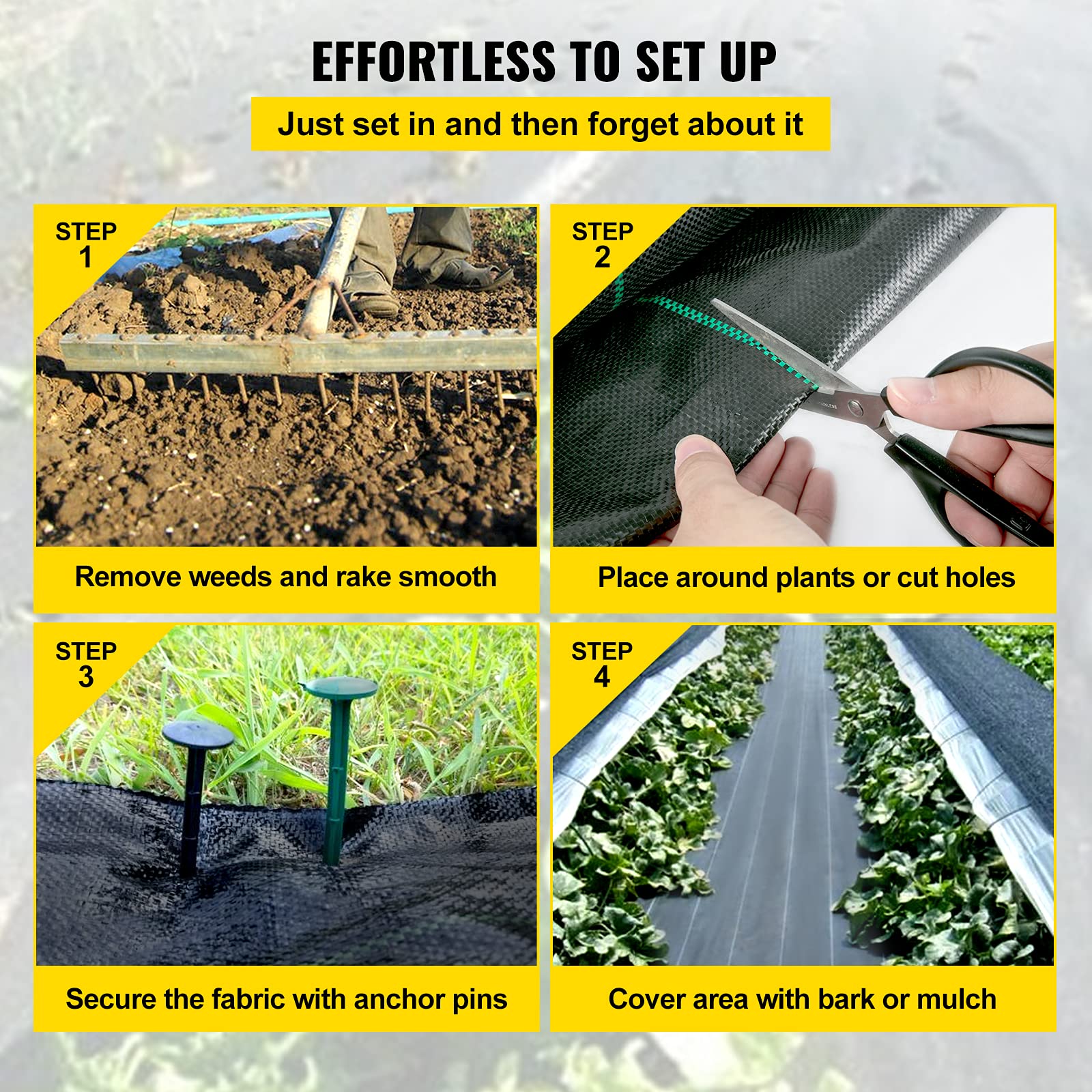 Happybuy easy-install weed barrier with green stripes for alignment.