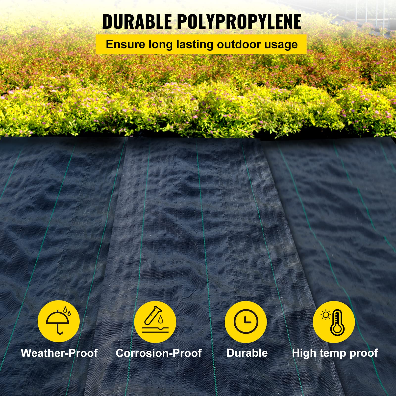 Happybuy heavy-duty weed mat provides durable garden protection against weeds.