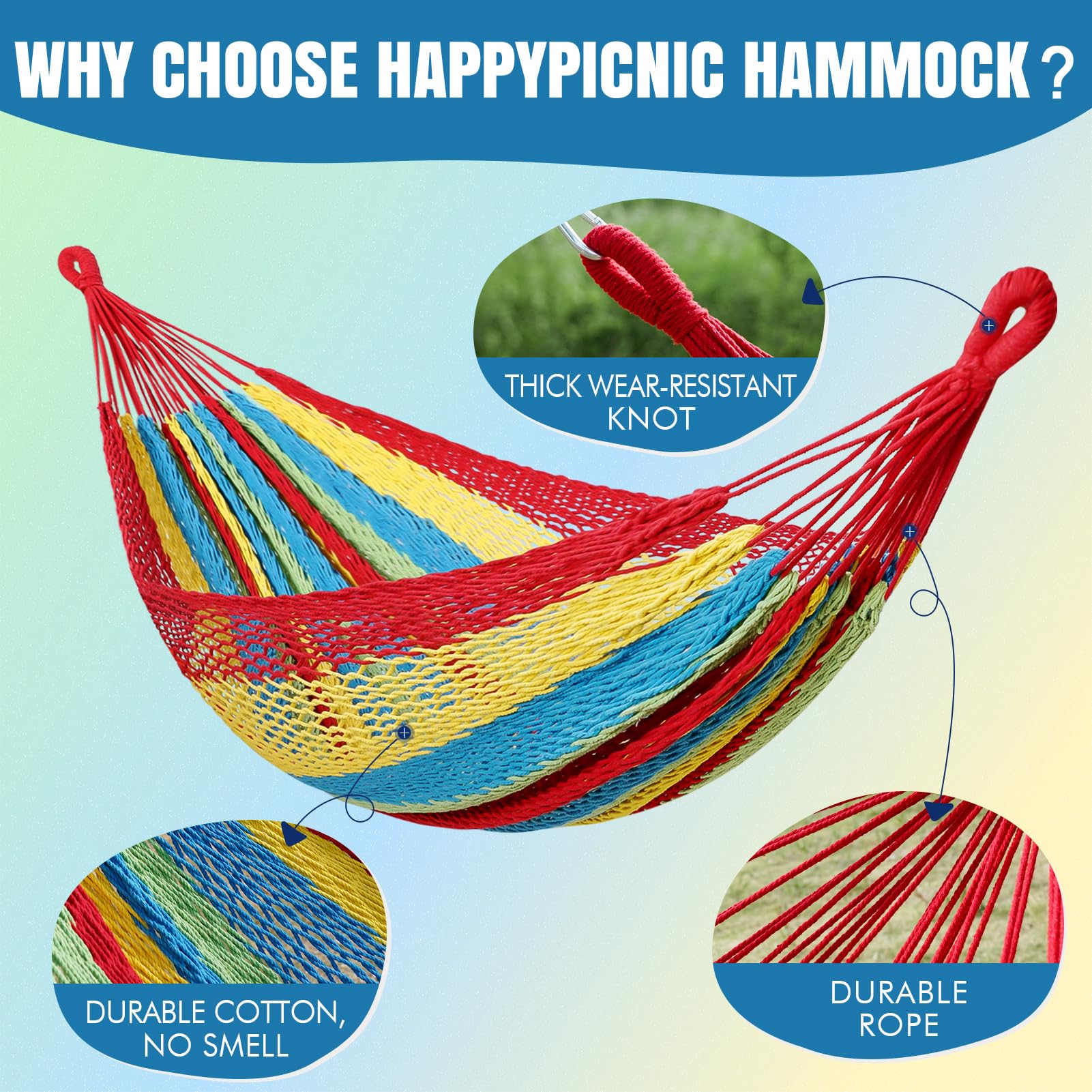 HappyPicnic handwoven Mayan hammock shown as travel-ready and versatile.