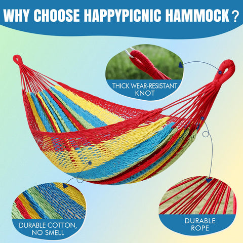 HappyPicnic handwoven Mayan hammock shown as travel-ready and versatile.