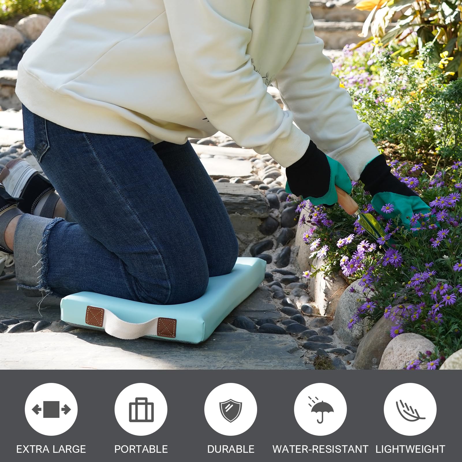HappyPicnic kneeling pad in garden setting for planting and weeding