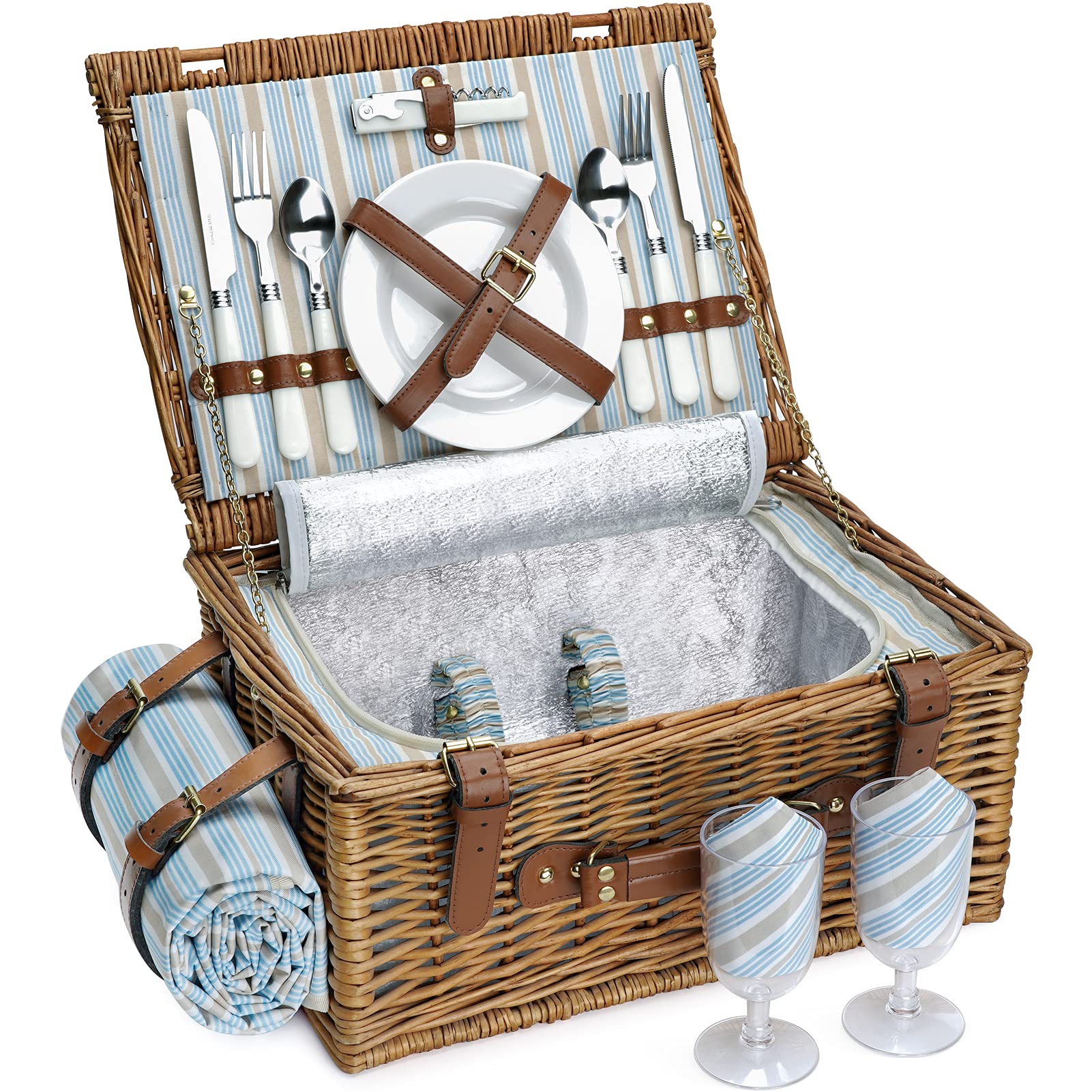 HappyPicnic picnic basket set for two, front view, stylish willow design for outdoor dining