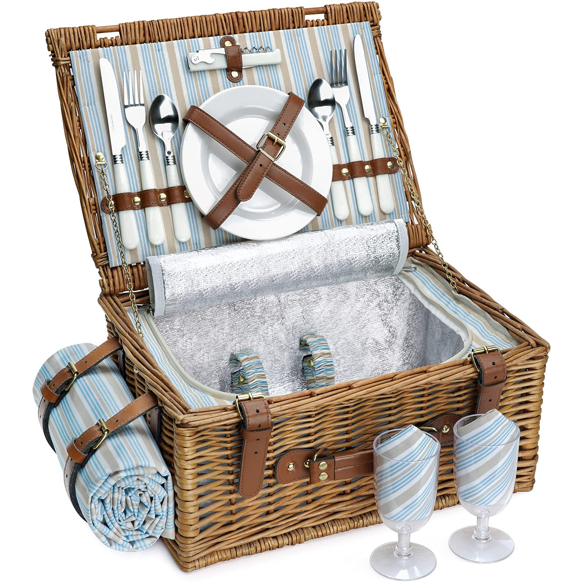 HappyPicnic picnic basket set for two, front view, stylish willow design for outdoor dining