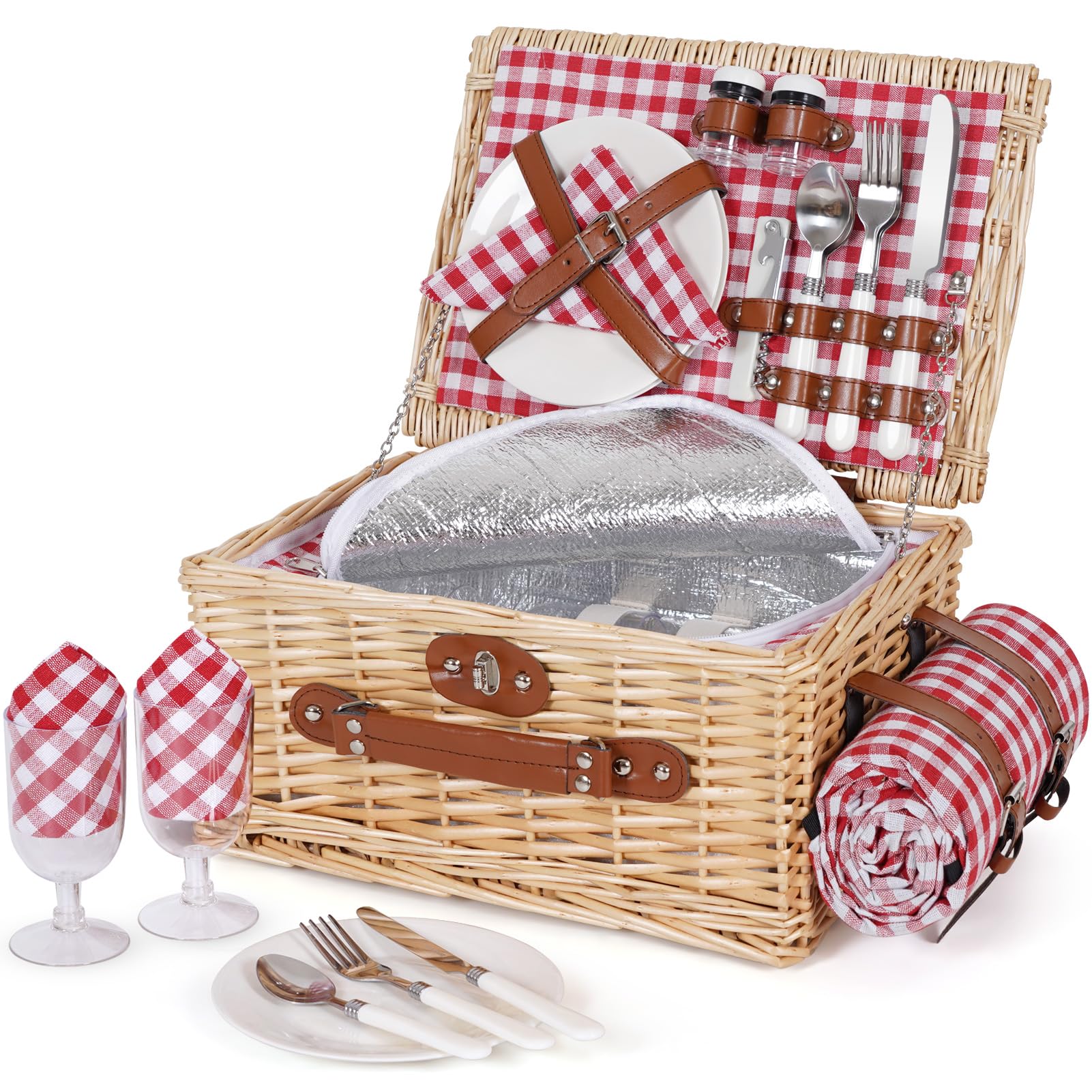 HappyPicnic picnic basket set 2 with willow basket and lid for easy outdoor meals.