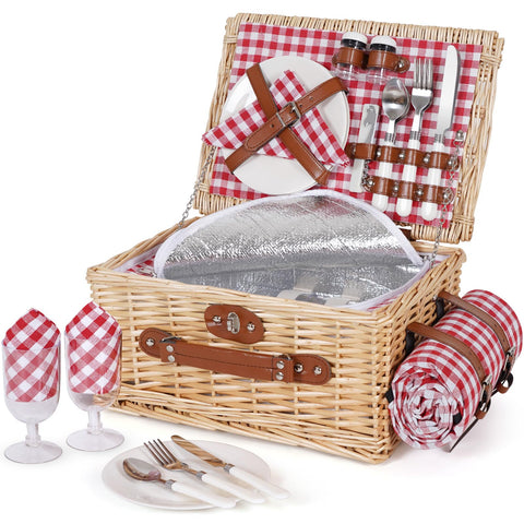 HappyPicnic picnic basket set 2 with willow basket and lid for easy outdoor meals.