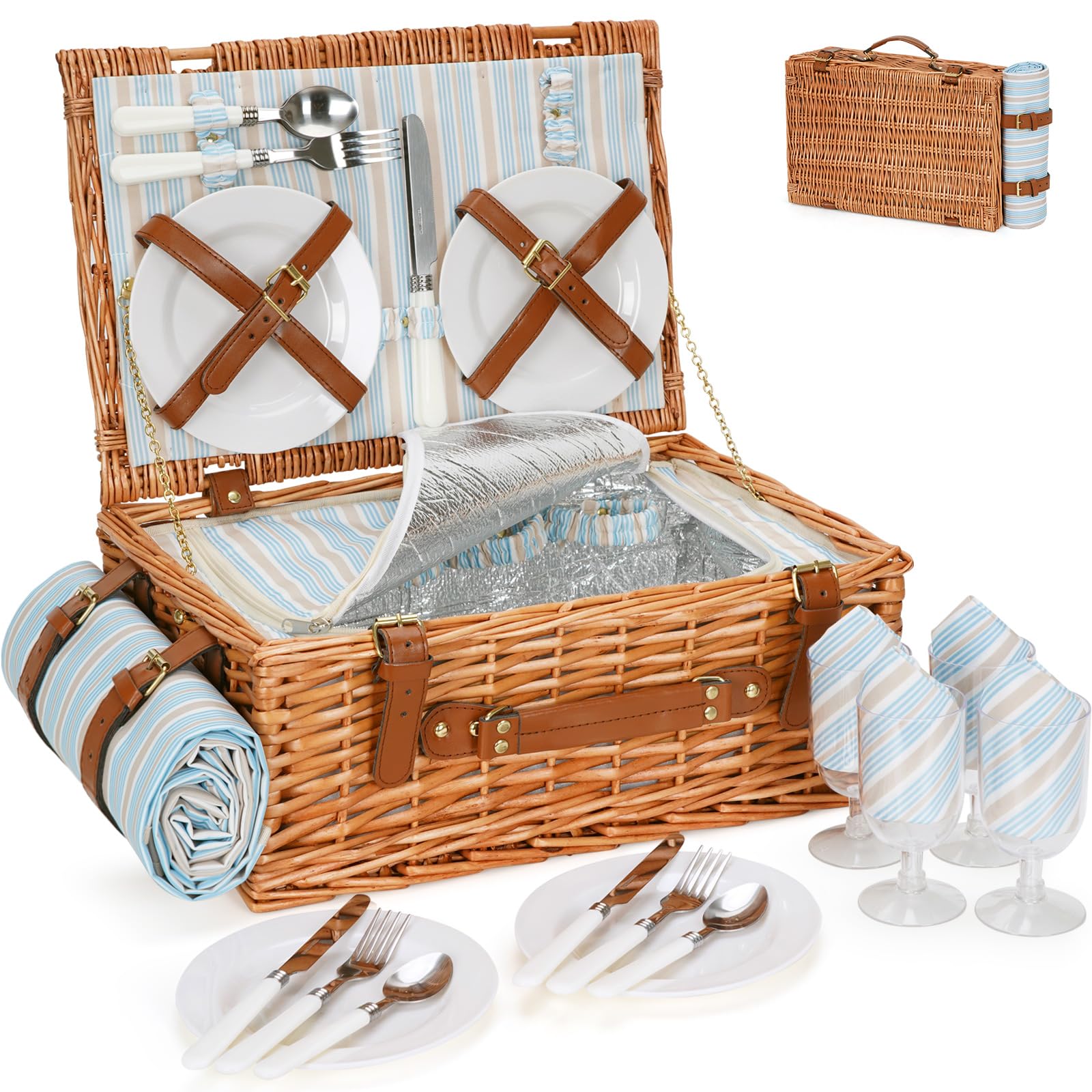 HappyPicnic wicker basket for four with a sturdy handle, ideal for family outings.