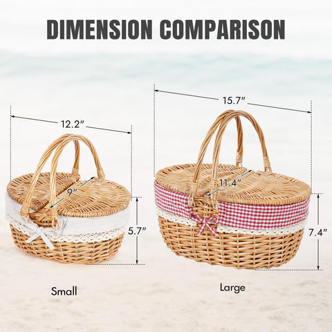 HappyPicnic wicker basket features lace detail for a charming picnic-ready look.