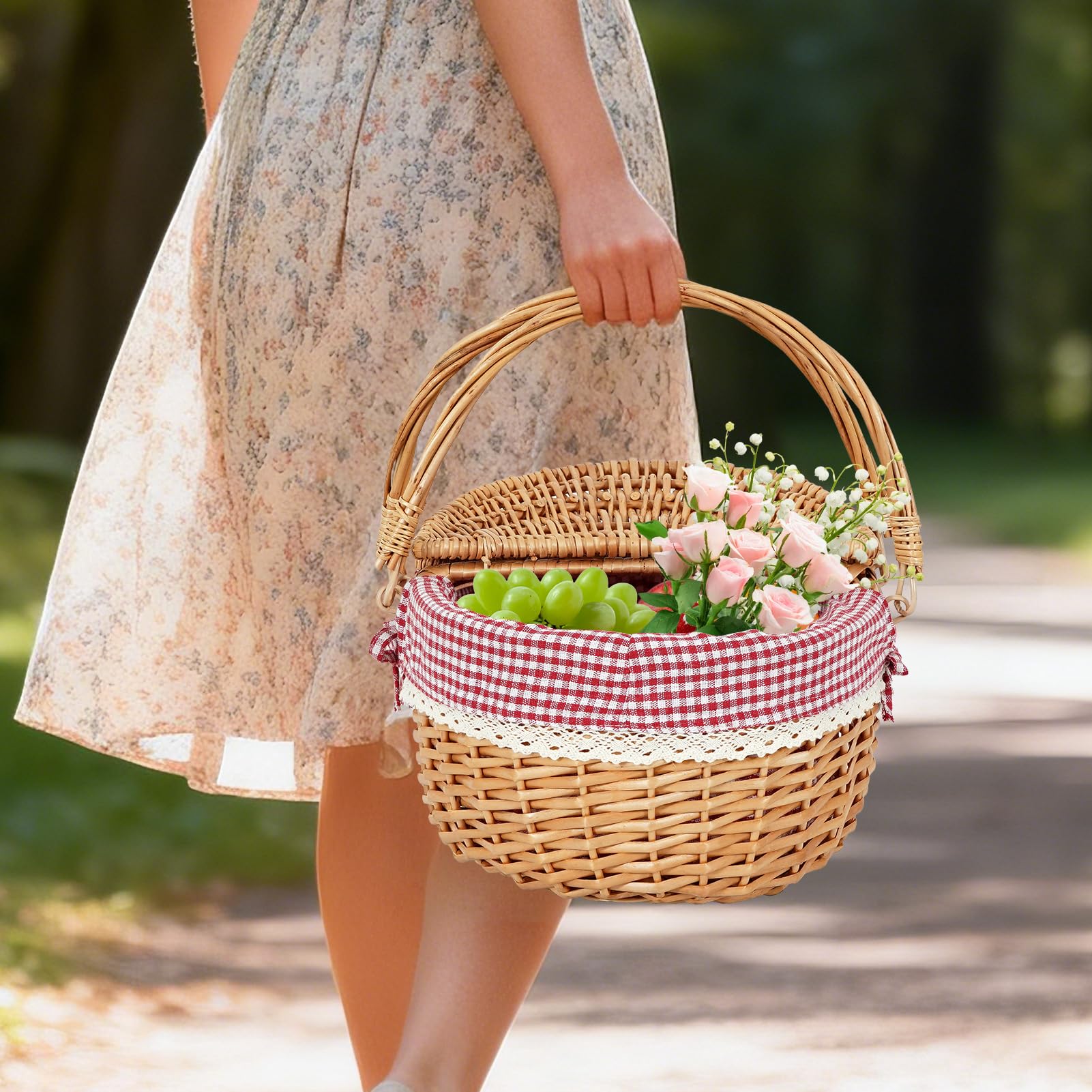 HappyPicnic two-person wicker basket ready for beach, park, or garden picnics.