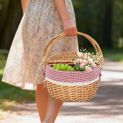 HappyPicnic two-person wicker basket ready for beach, park, or garden picnics.