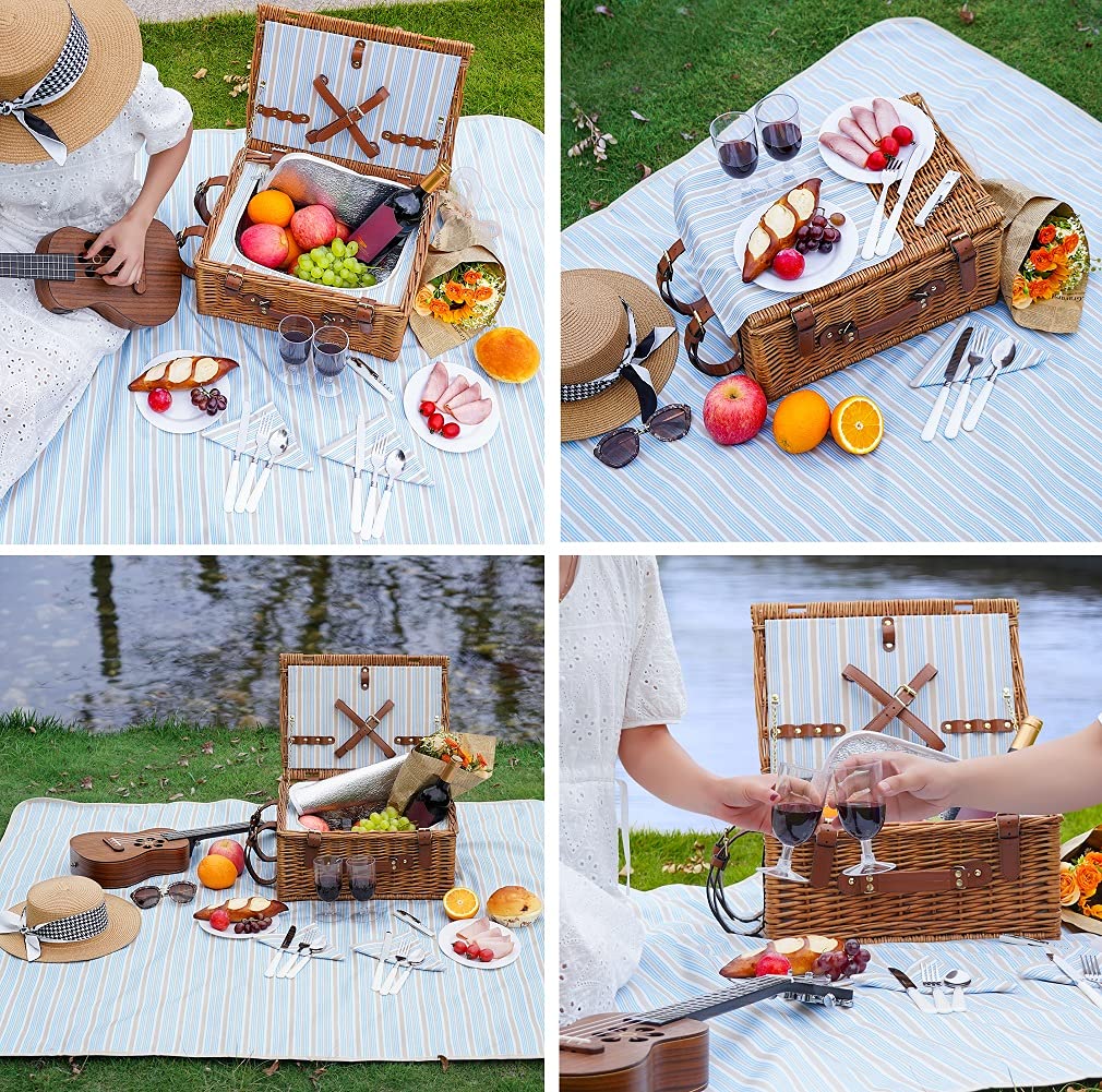HappyPicnic willow hamper contents organized with stainless cutlery and melamine plates
