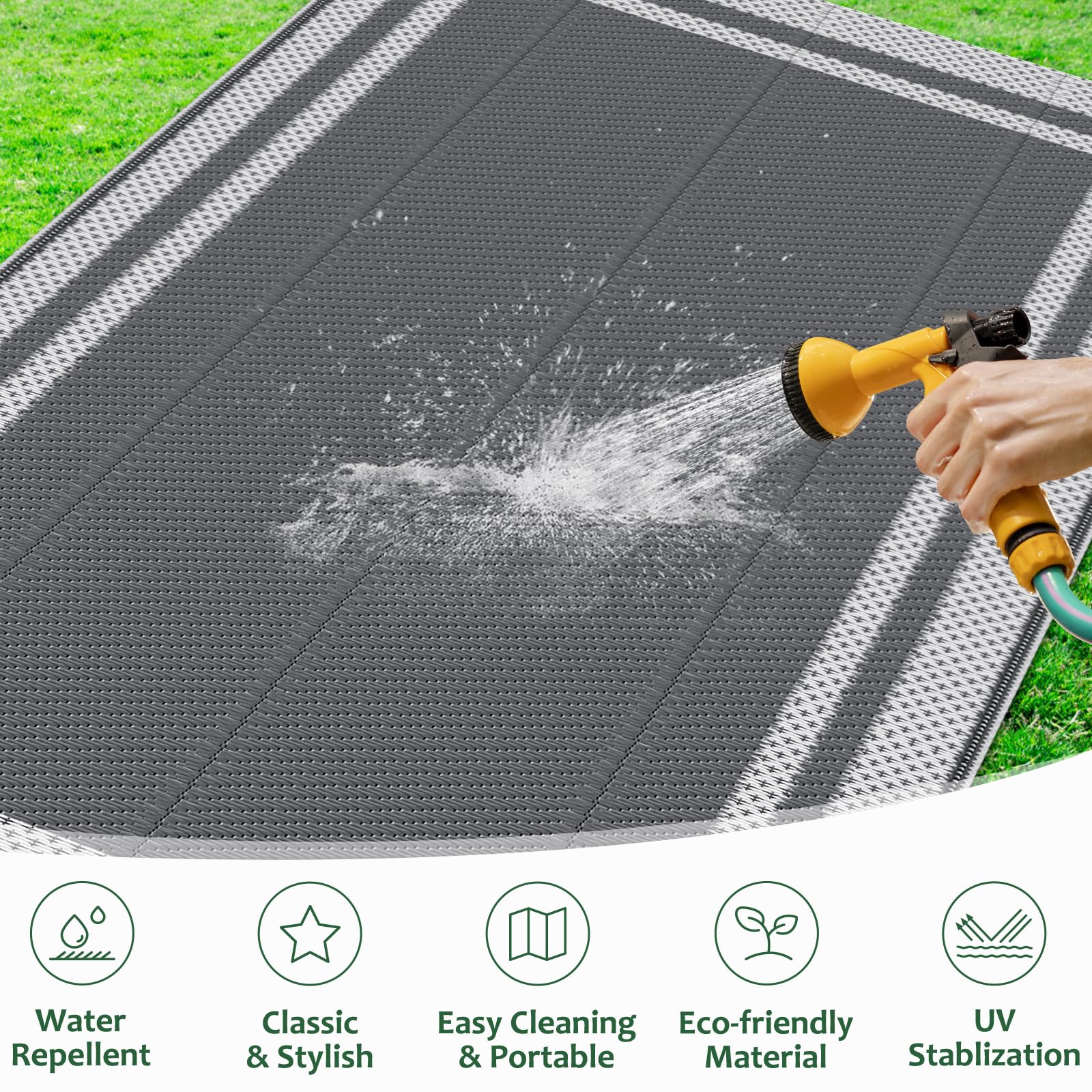 HappyTrends rug on deck with kids, easy to wipe clean.