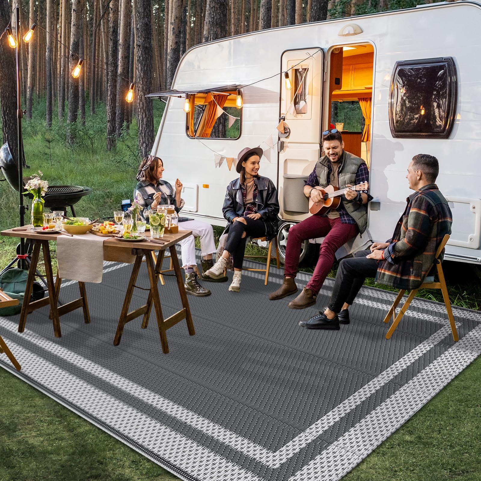 HappyTrends outdoor rug by pool with UV protection.