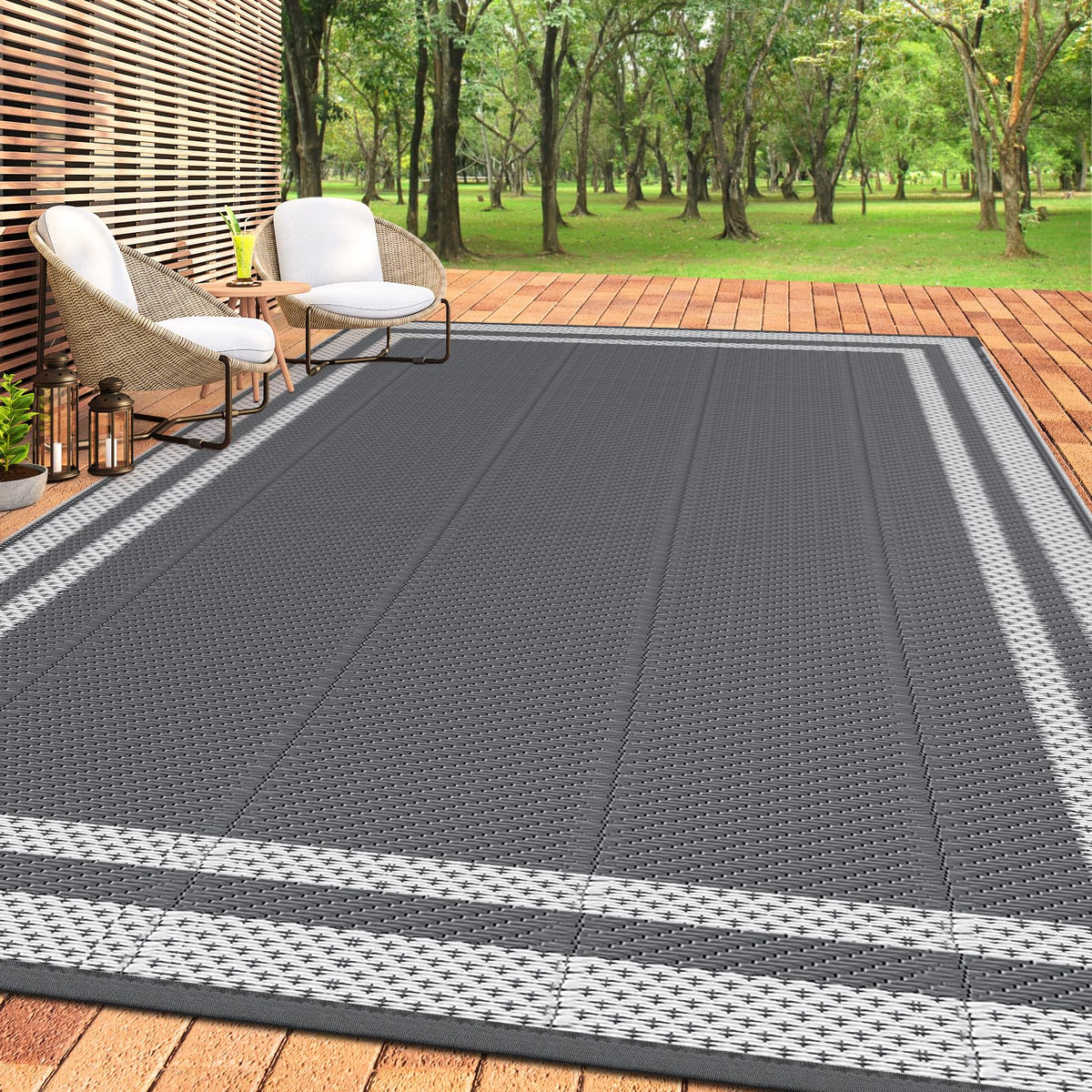 HappyTrends outdoor rug reversible 6x9, white and gray, two stylish looks.